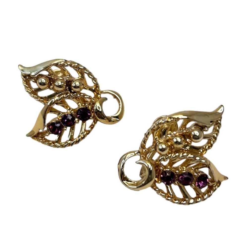 Coro Screw Back Earrings Gold Tone Faux Amethyst Stones Leaf Design